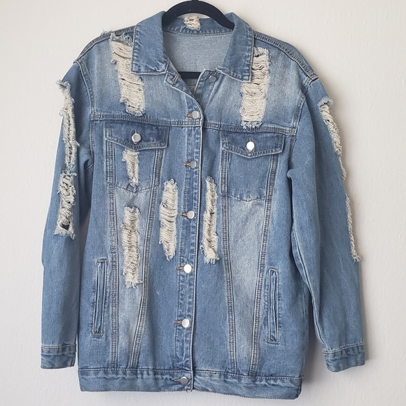 SHEIN Jackets & Blazers - Shein Destroyed Denim Longline Jacket Oversized